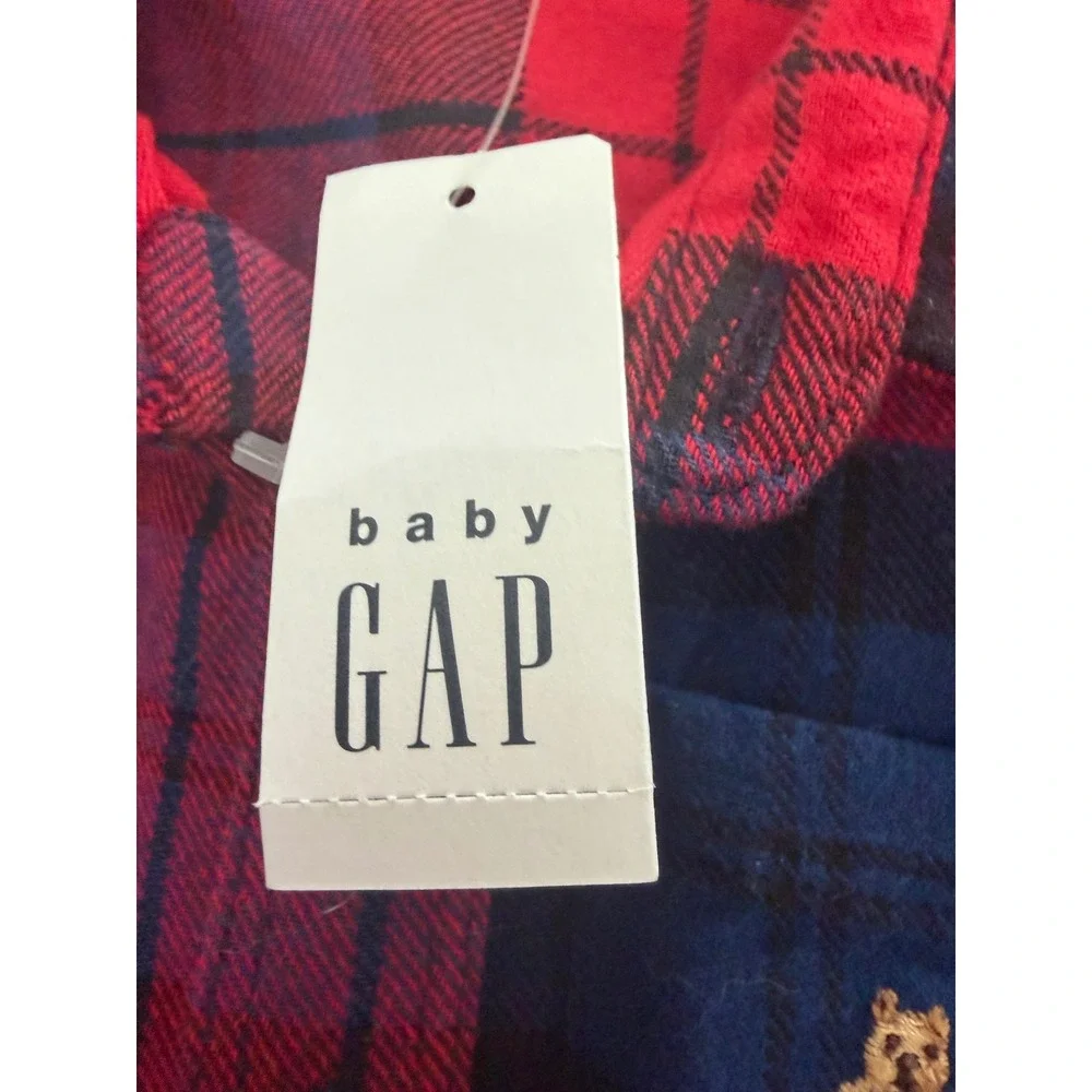Baby Gap 6-12M Red Navy Plaid Flannel Button Down Shirt Bear Logo NWT